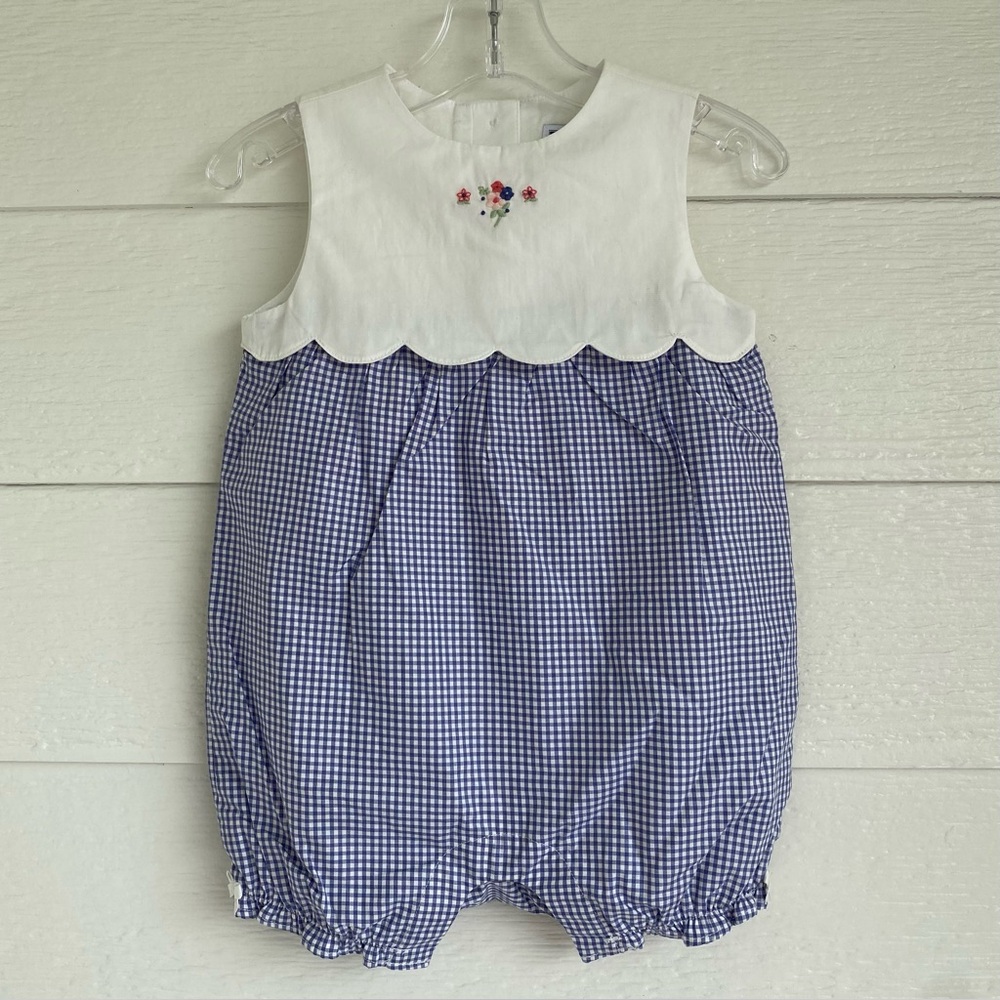 NEW Janie and Jack Embroidered Blue Gingham Scalloped Bubble Onesie 12-18 Mos.